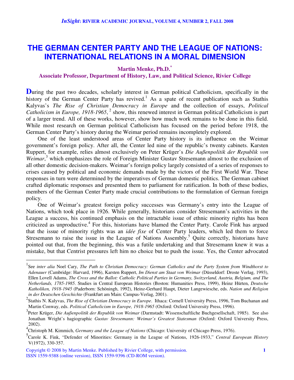 The German Center Party and the League of Nations: International Relations in a Moral Dimension