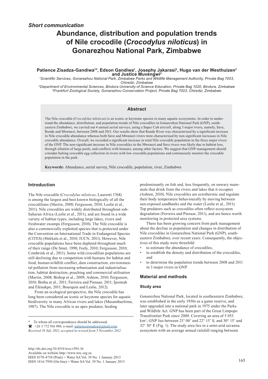 Abundance, Distribution and Population Trends of Nile Crocodile (Crocodylus Niloticus) in Gonarezhou National Park, Zimbabwe