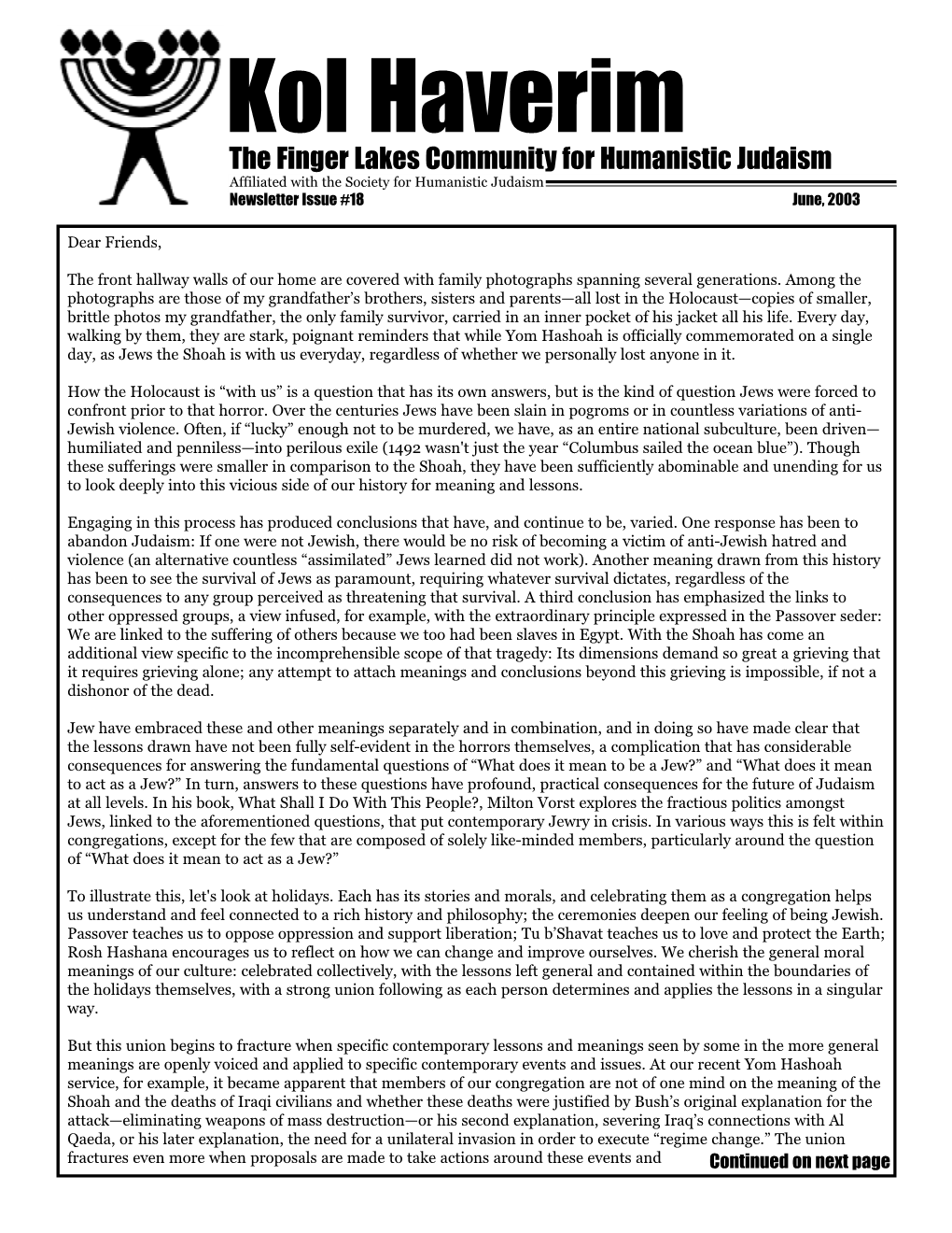 Kol Haverim the Finger Lakes Community for Humanistic Judaism Affiliated with the Society for Humanistic Judaism Newsletter Issue #18 June, 2003