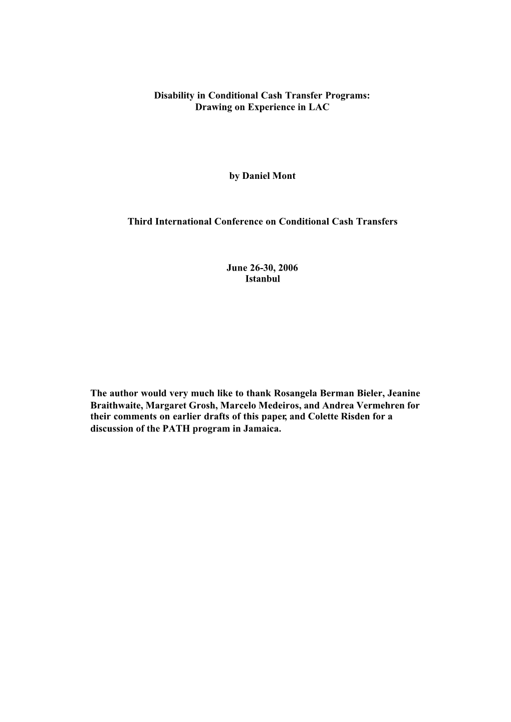 Disability in Conditional Cash Transfer Programs: Drawing on Experience in LAC