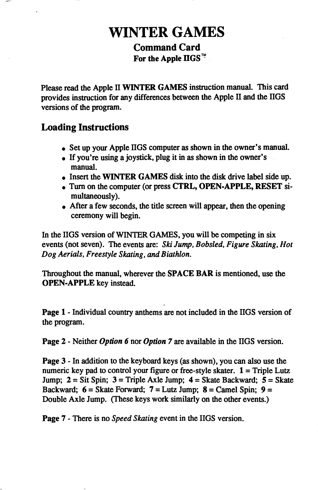 WINTER GAMES Command Card for the Apple IIGS™