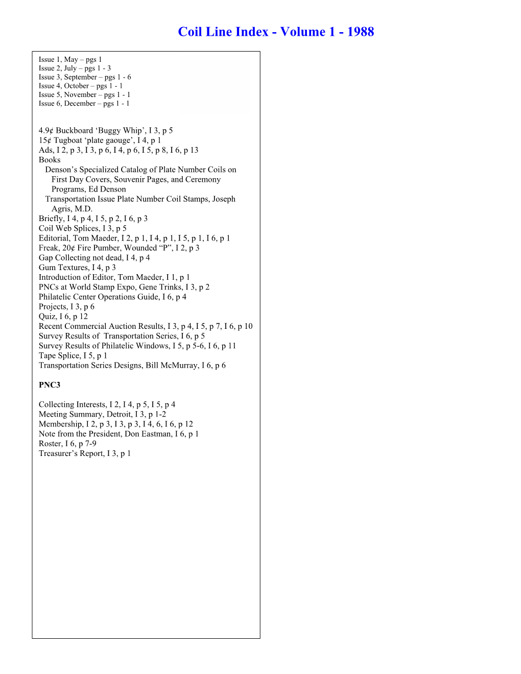 Coil Line Index - Volume 1 - 1988