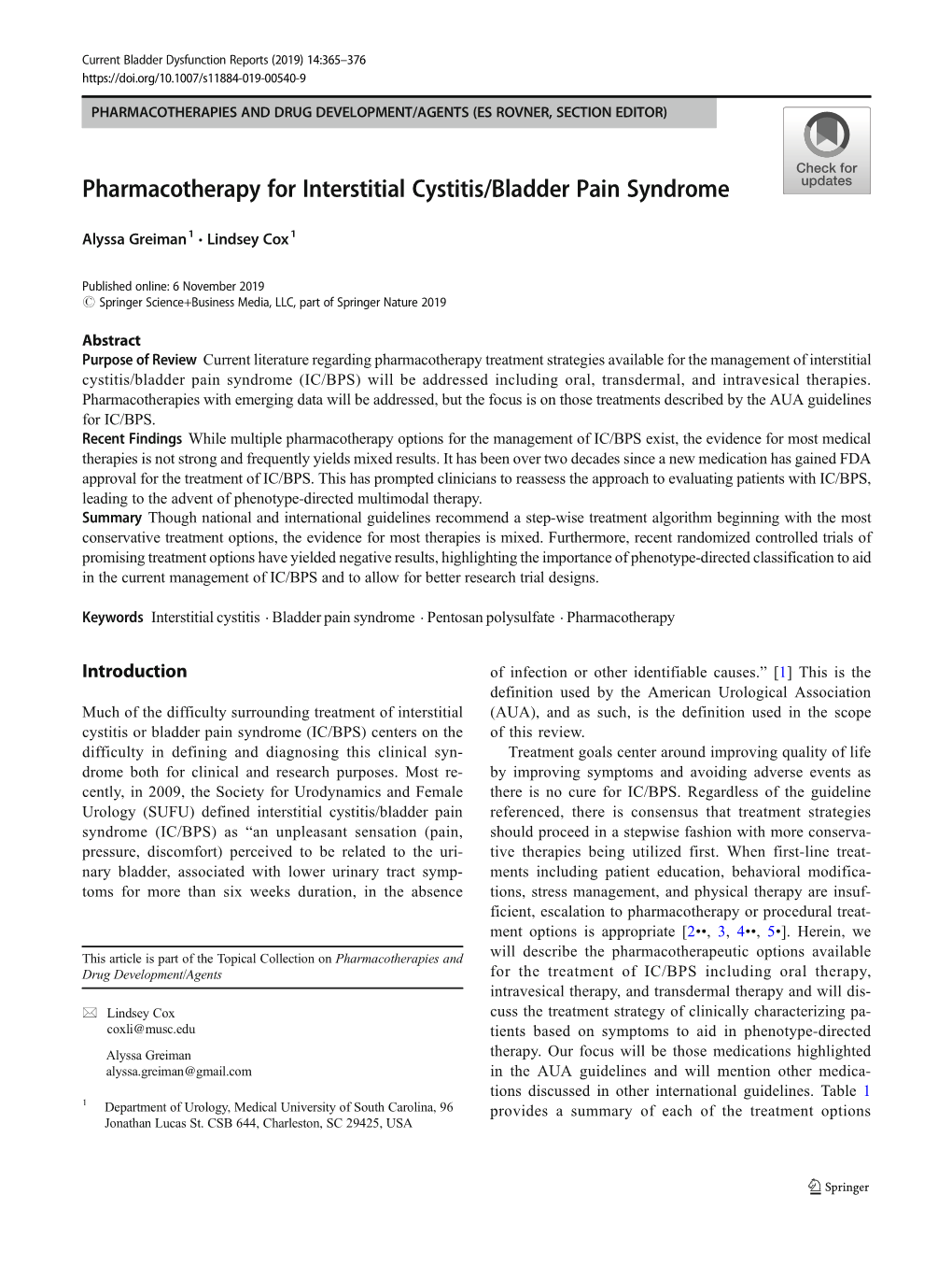 Pharmacotherapy for Interstitial Cystitis/Bladder Pain Syndrome