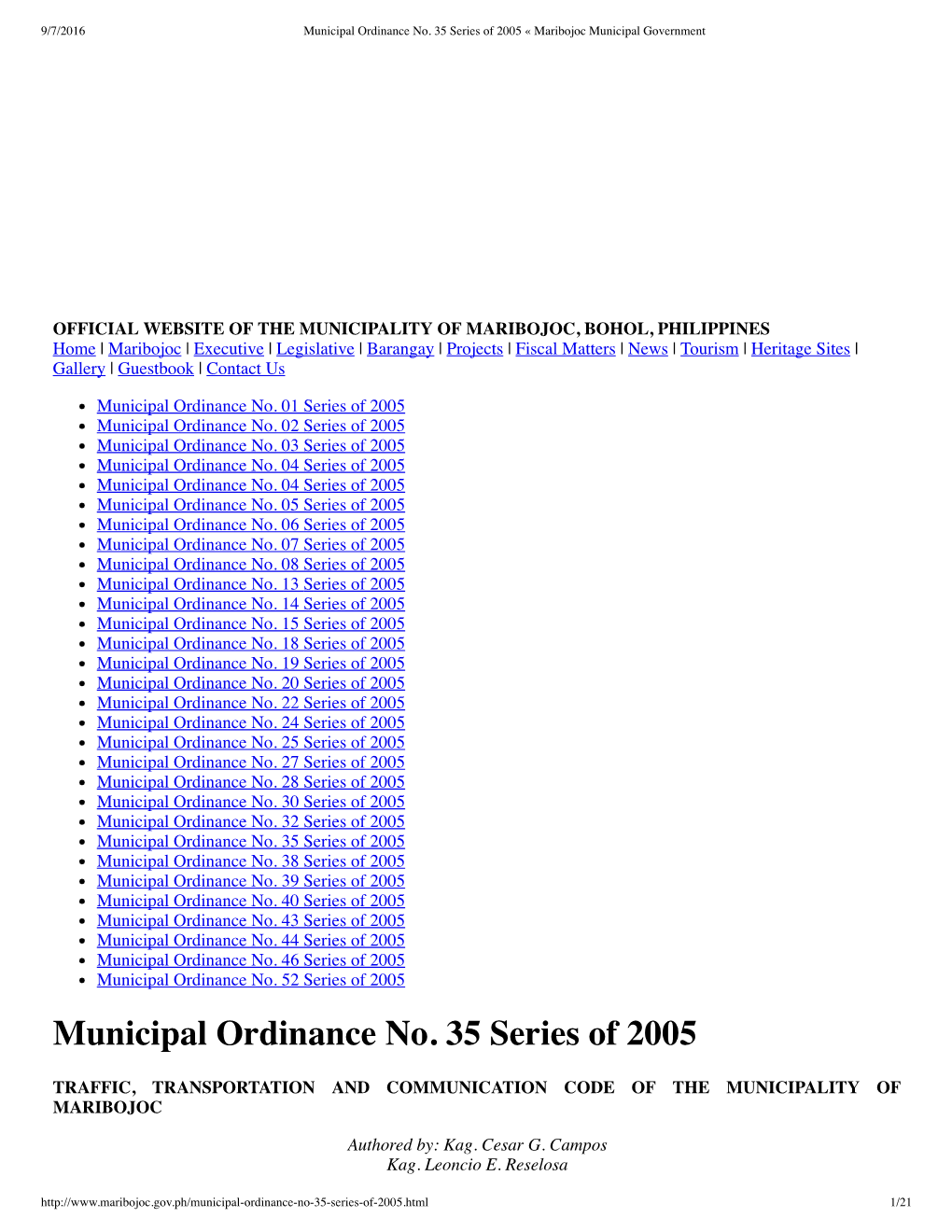 Municipal Ordinance No. 35 Series of 2005 « Maribojoc Municipal Government