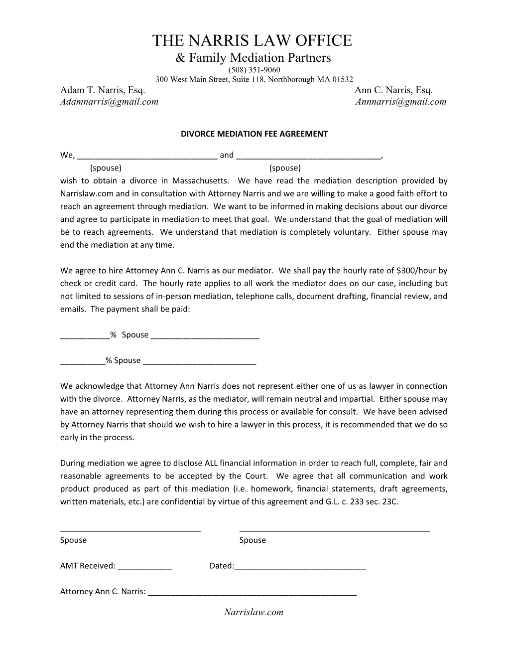 Divorce Mediation Fee Agreement