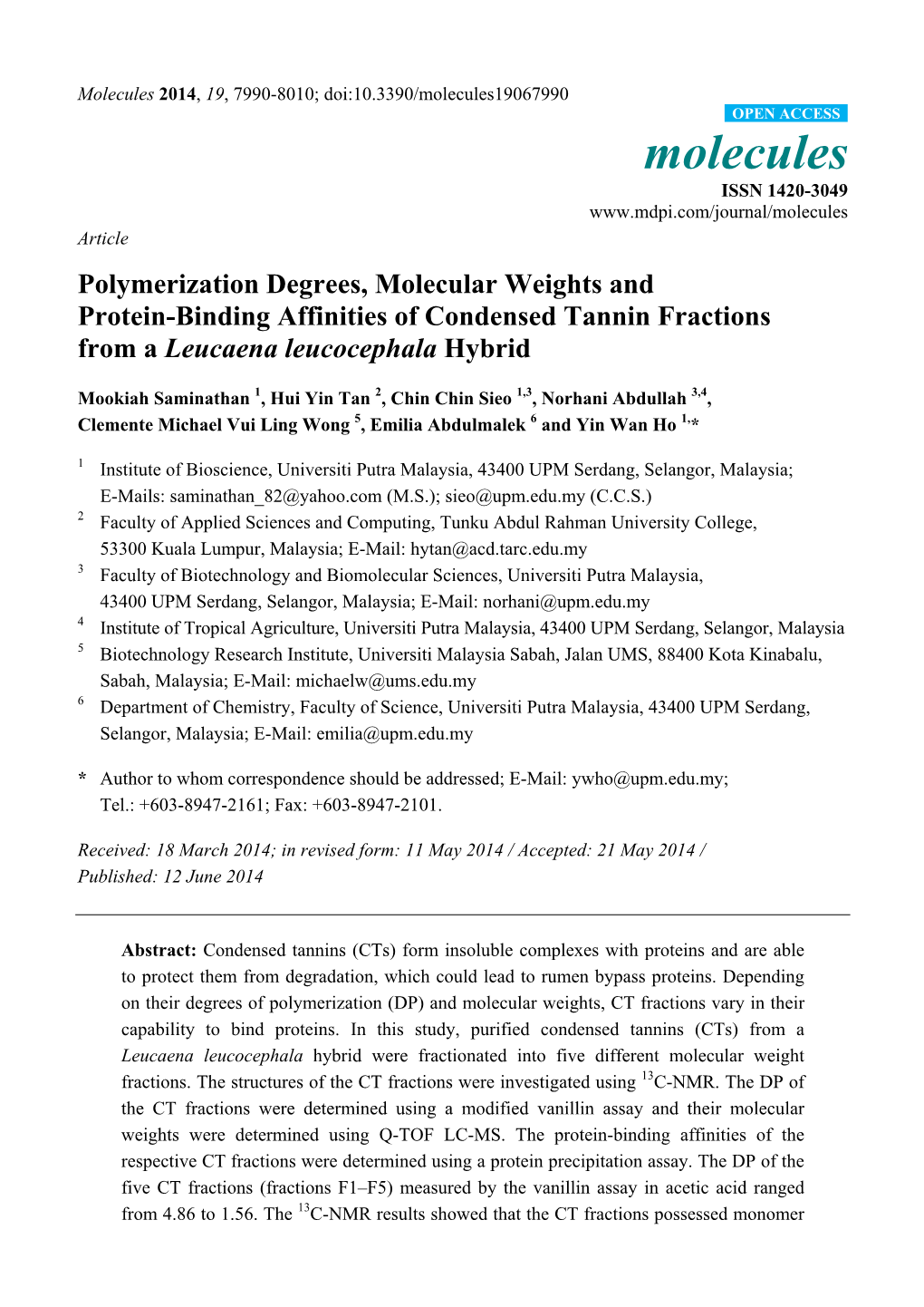 Polymerization Degrees, Molecular Weights and Protein-Binding Affinities of Condensed Tannin Fractions from a Leucaena Leucocephala Hybrid