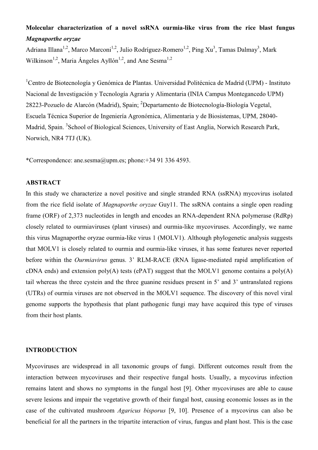 Molecular Characterization of a Novel Ssrna Ourmia-Like Virus from The