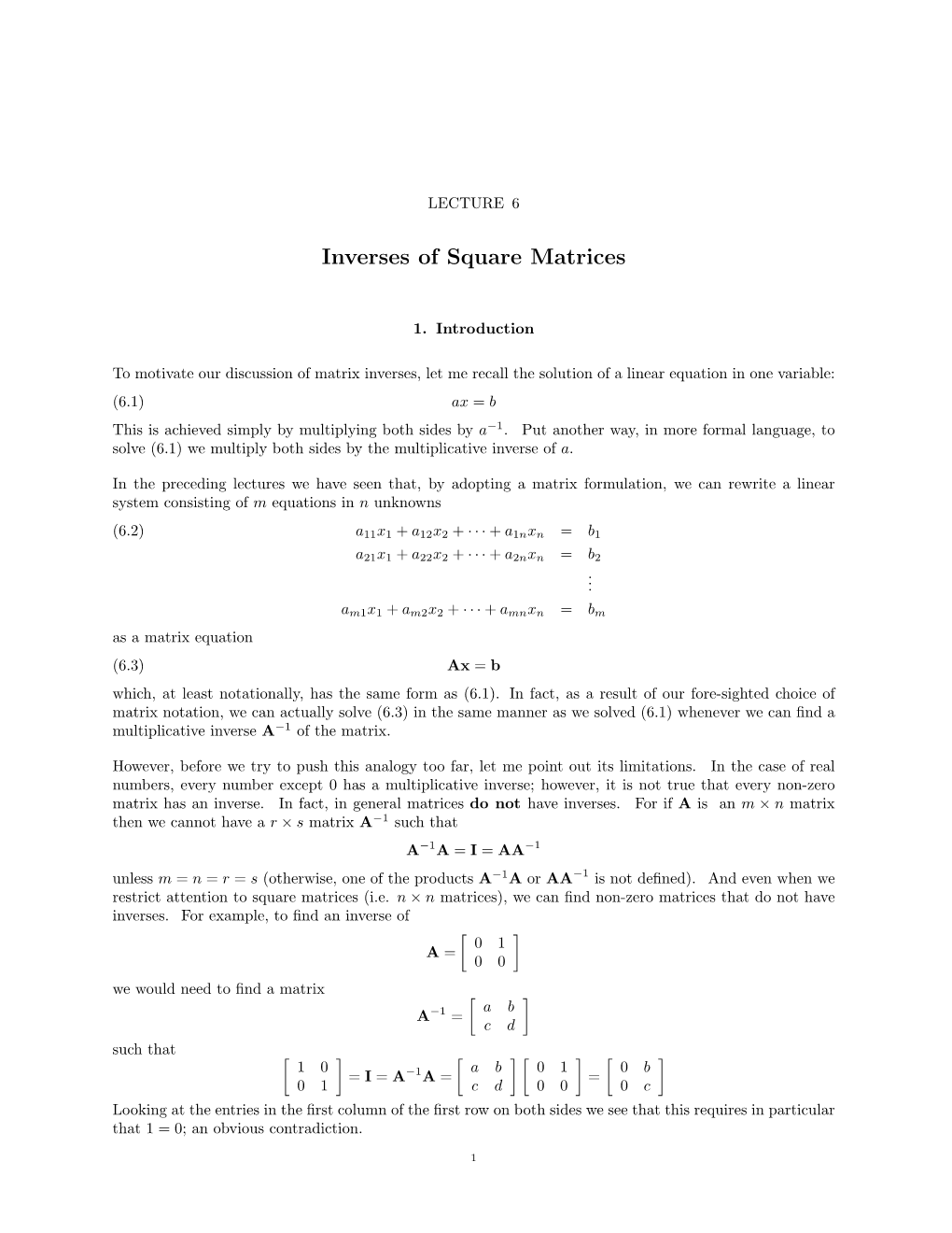 Inverses of Square Matrices