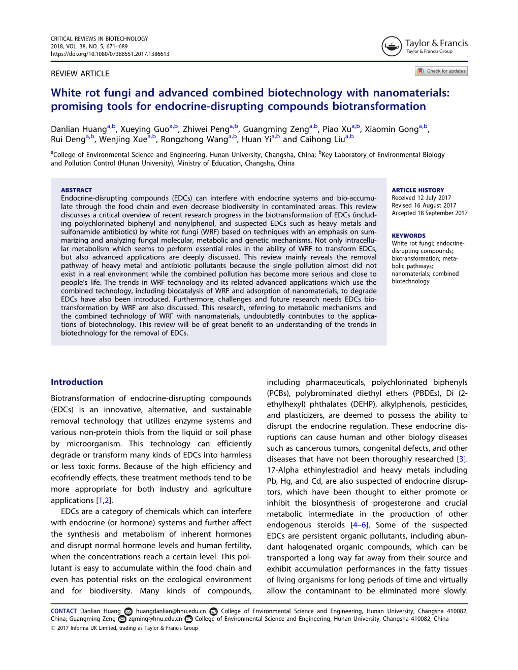 White Rot Fungi and Advanced Combined Biotechnology with Nanomaterials: Promising Tools for Endocrine-Disrupting Compounds Biotransformation