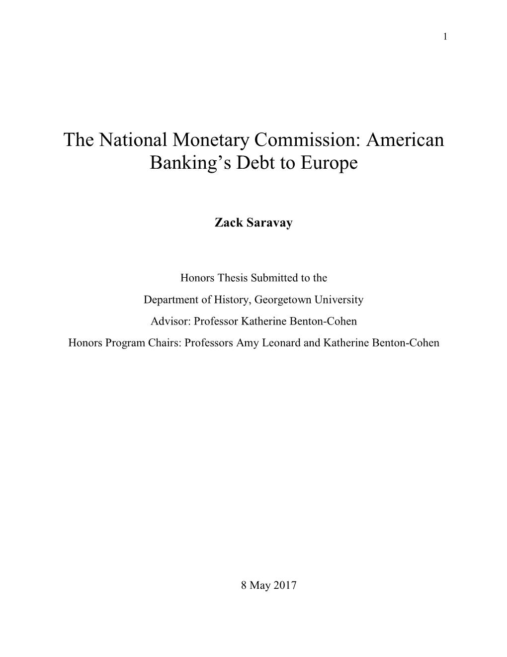 The National Monetary Commission: American Banking’S Debt to Europe