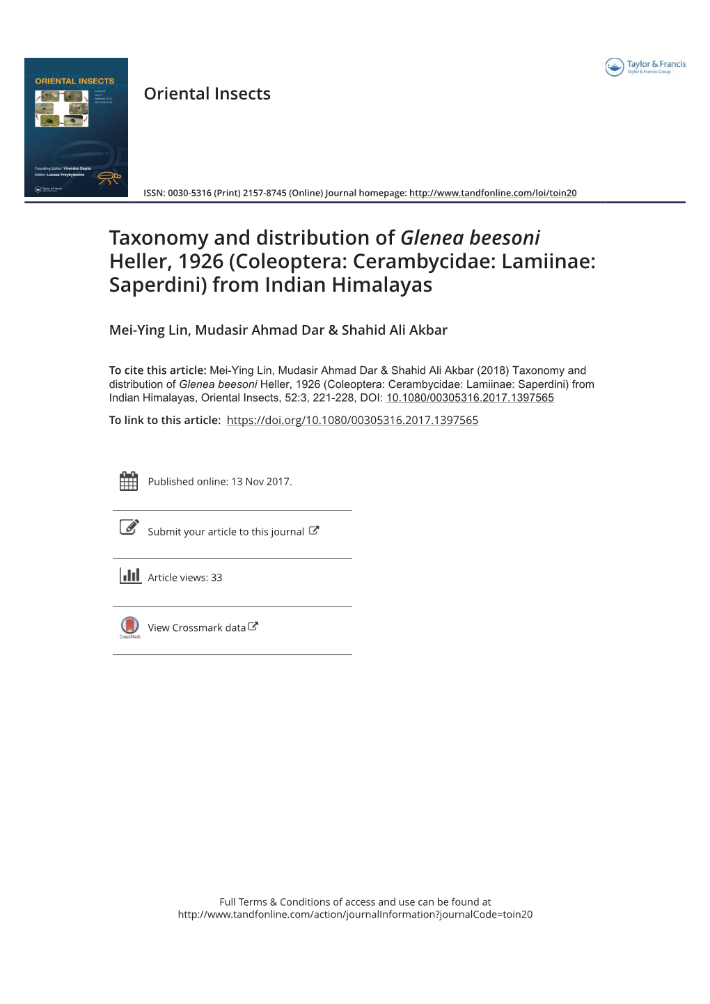 Taxonomy and Distribution of Glenea Beesoni Heller, 1926 (Coleoptera: Cerambycidae: Lamiinae: Saperdini) from Indian Himalayas