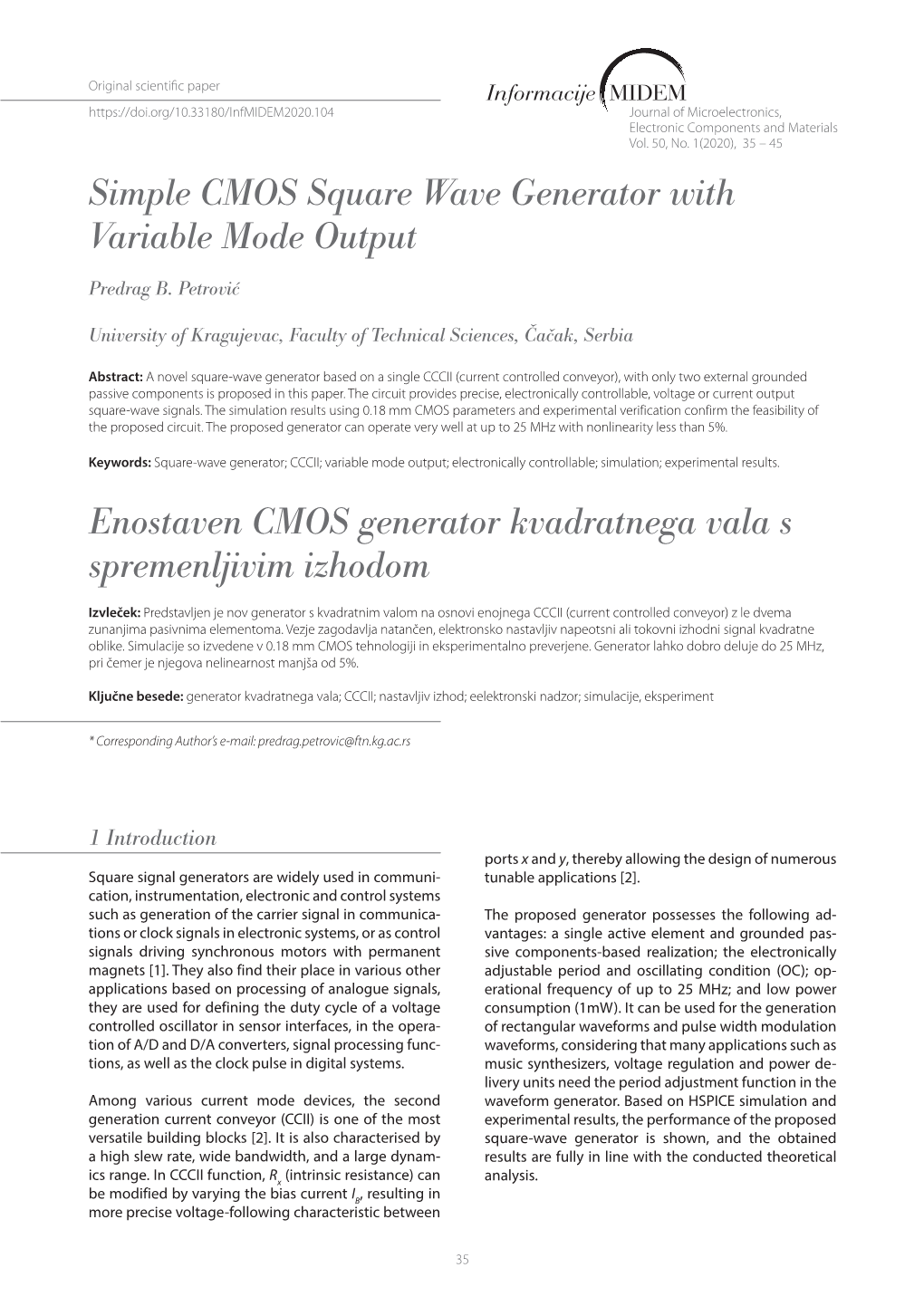 Simple CMOS Square Wave Generator with Variable Mode Output