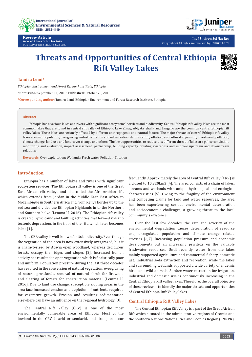 Threats and Opportunities of Central Ethiopia Rift Valley Lakes