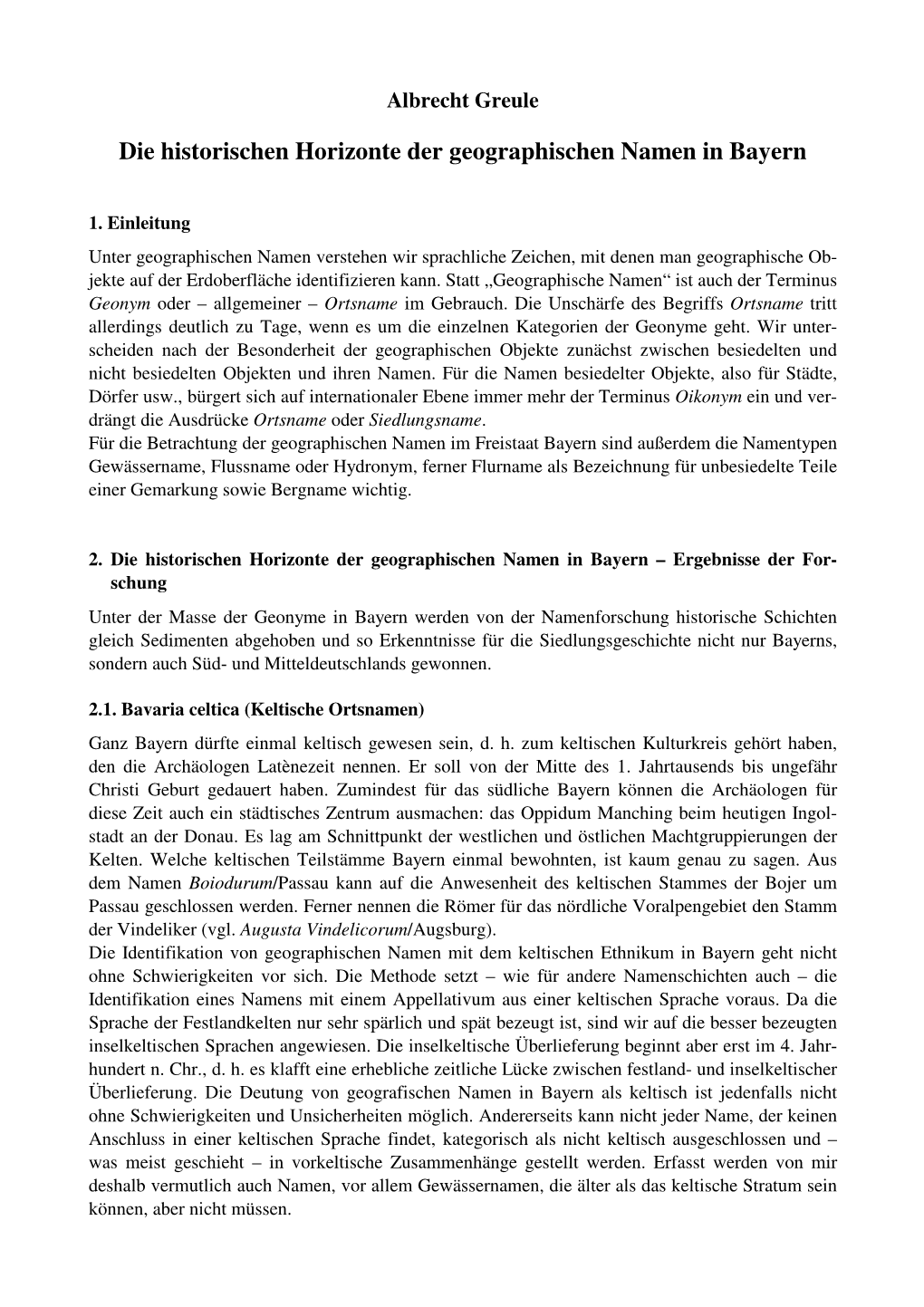 Die Historischen Horizonte Der Geographischen Namen in Bayern