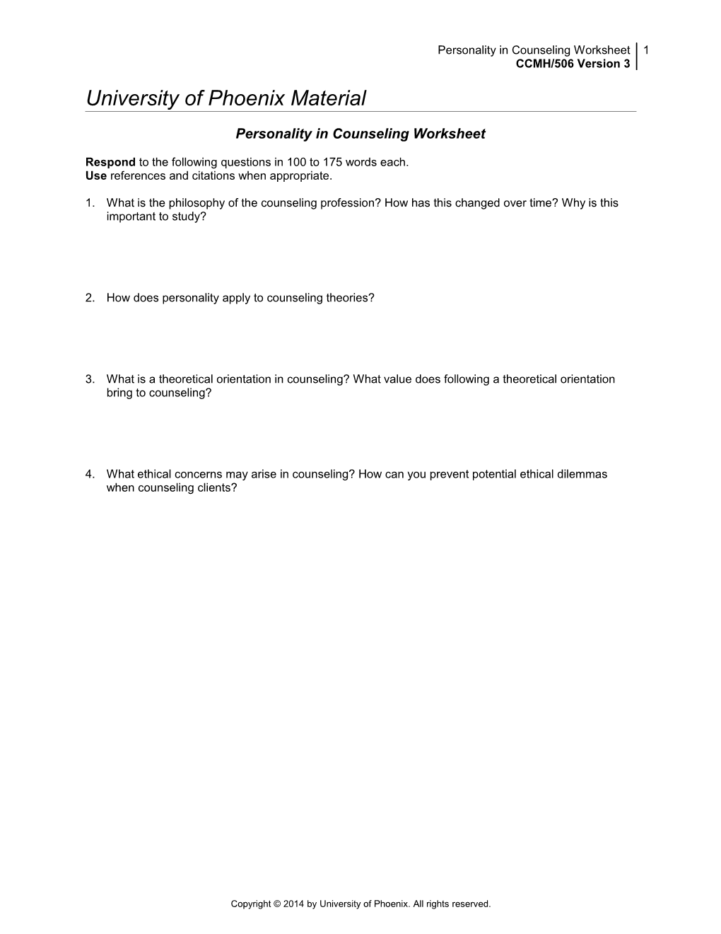 Personality in Counseling Worksheet