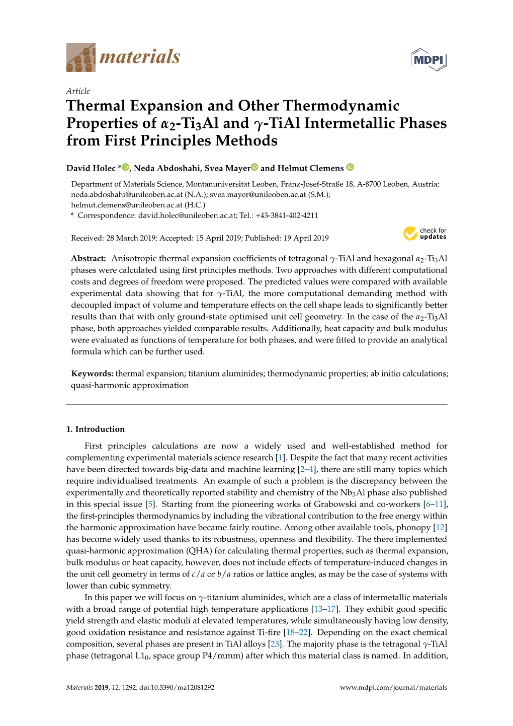 Thermal Expansion and Other Thermodynamic Properties of Α2-Ti3al and Γ-Tial Intermetallic Phases from First Principles Methods