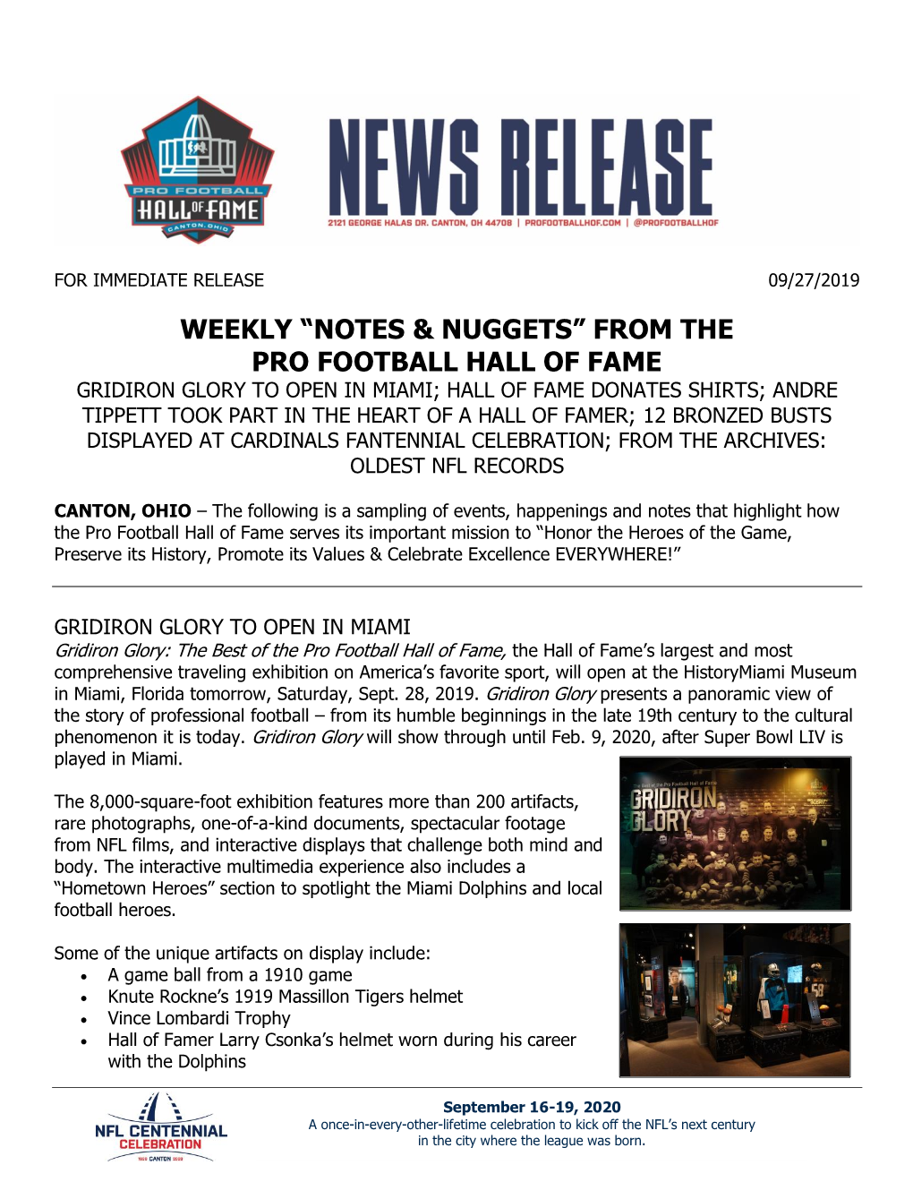 “Notes & Nuggets” from the Pro Football Hall of Fame