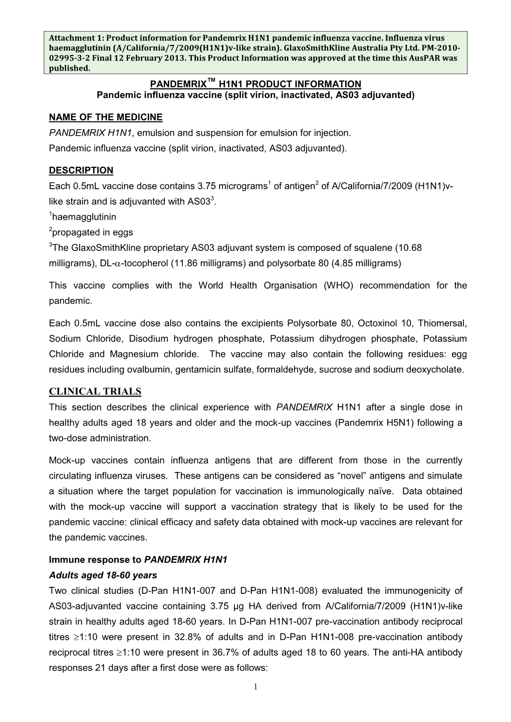 Product Information for Pandemrix H1N1 Pandemic Influenza Vaccine