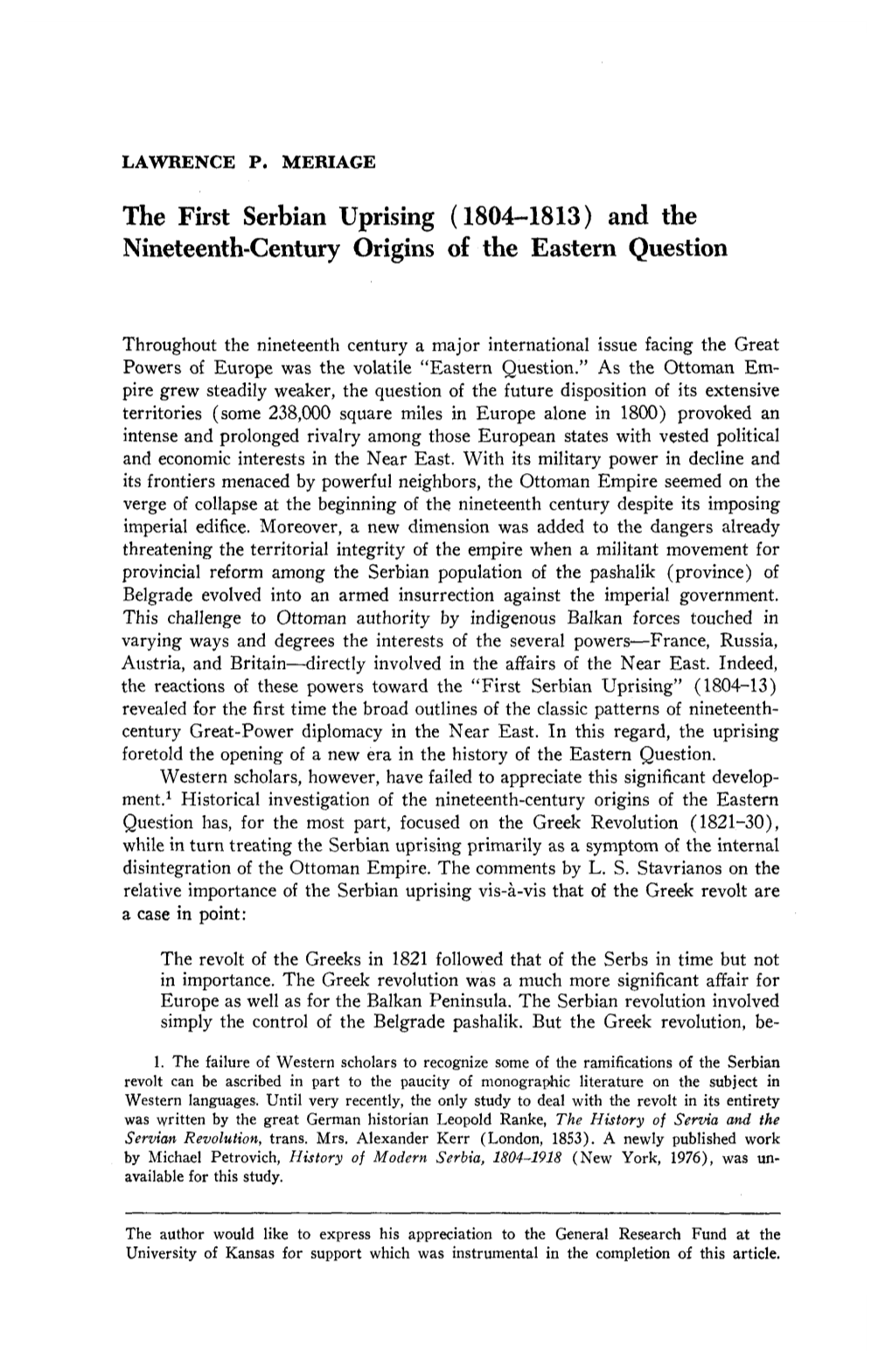 The First Serbian Uprising (1804-1813) and the Nineteenth-Century Origins of the Eastern Question