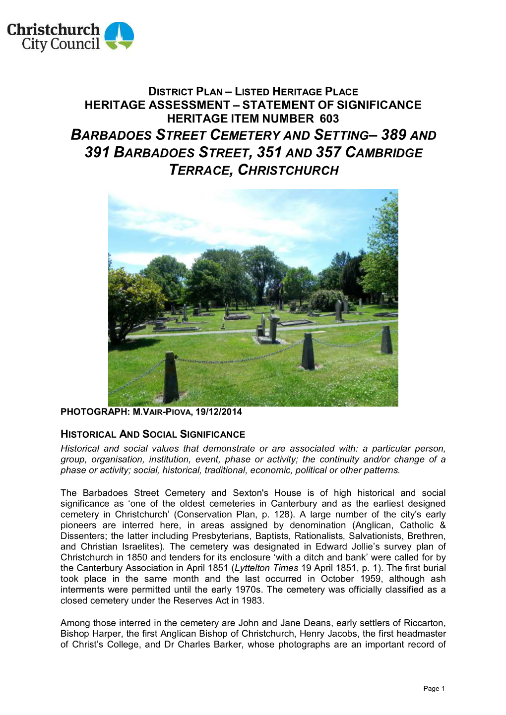 Barbadoes Street Cemetery and Setting– 389 and 391 Barbadoes Street, 351 and 357 Cambridge Terrace,Christchurch