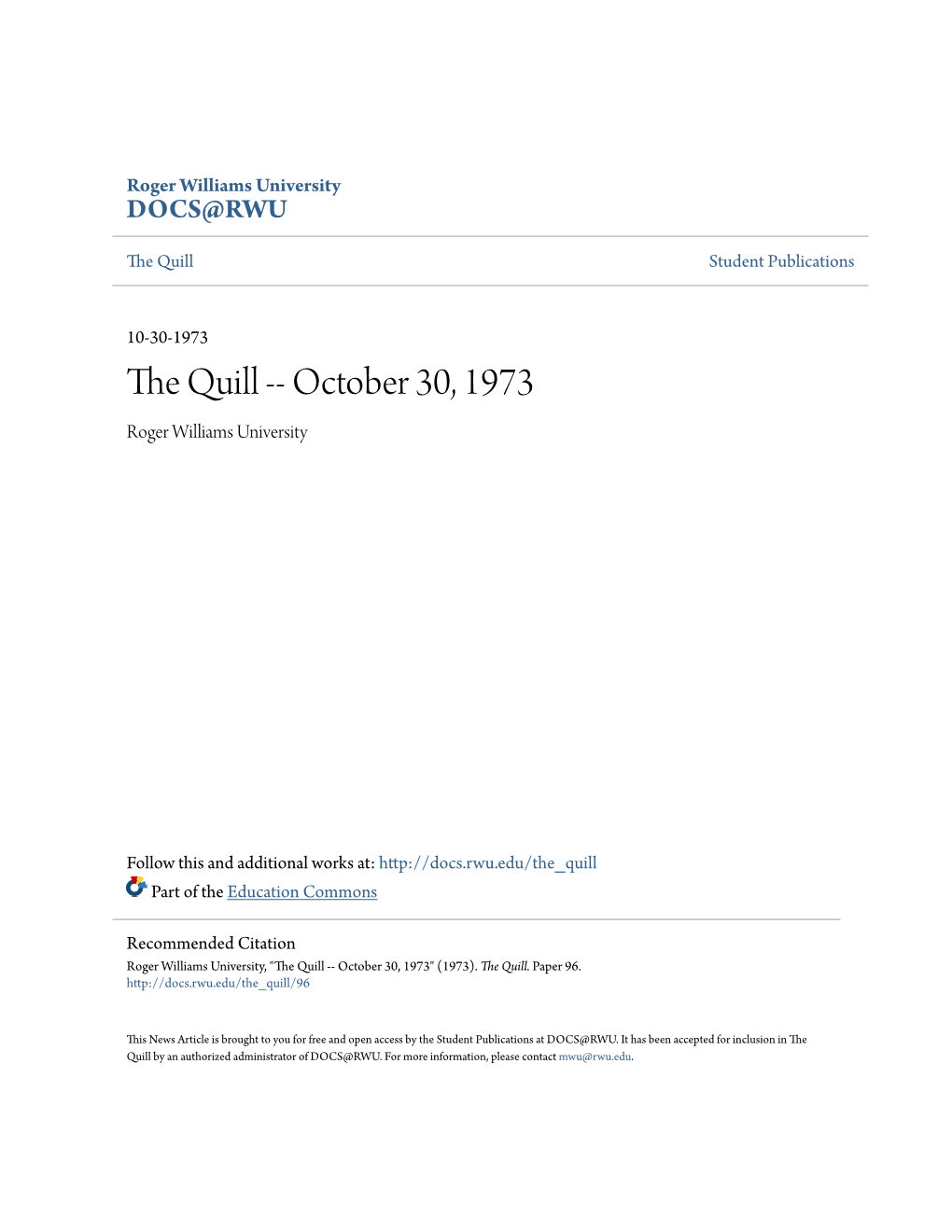 The Quill -- October 30, 1973 Roger Williams University