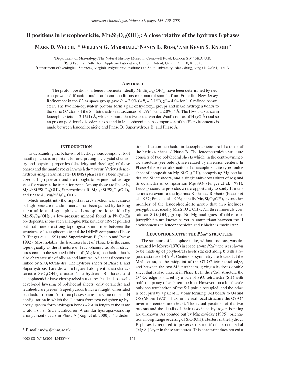 H Positions in Leucophoenicite, Mn7si3o12(OH)2: a Close Relative of the Hydrous B Phases