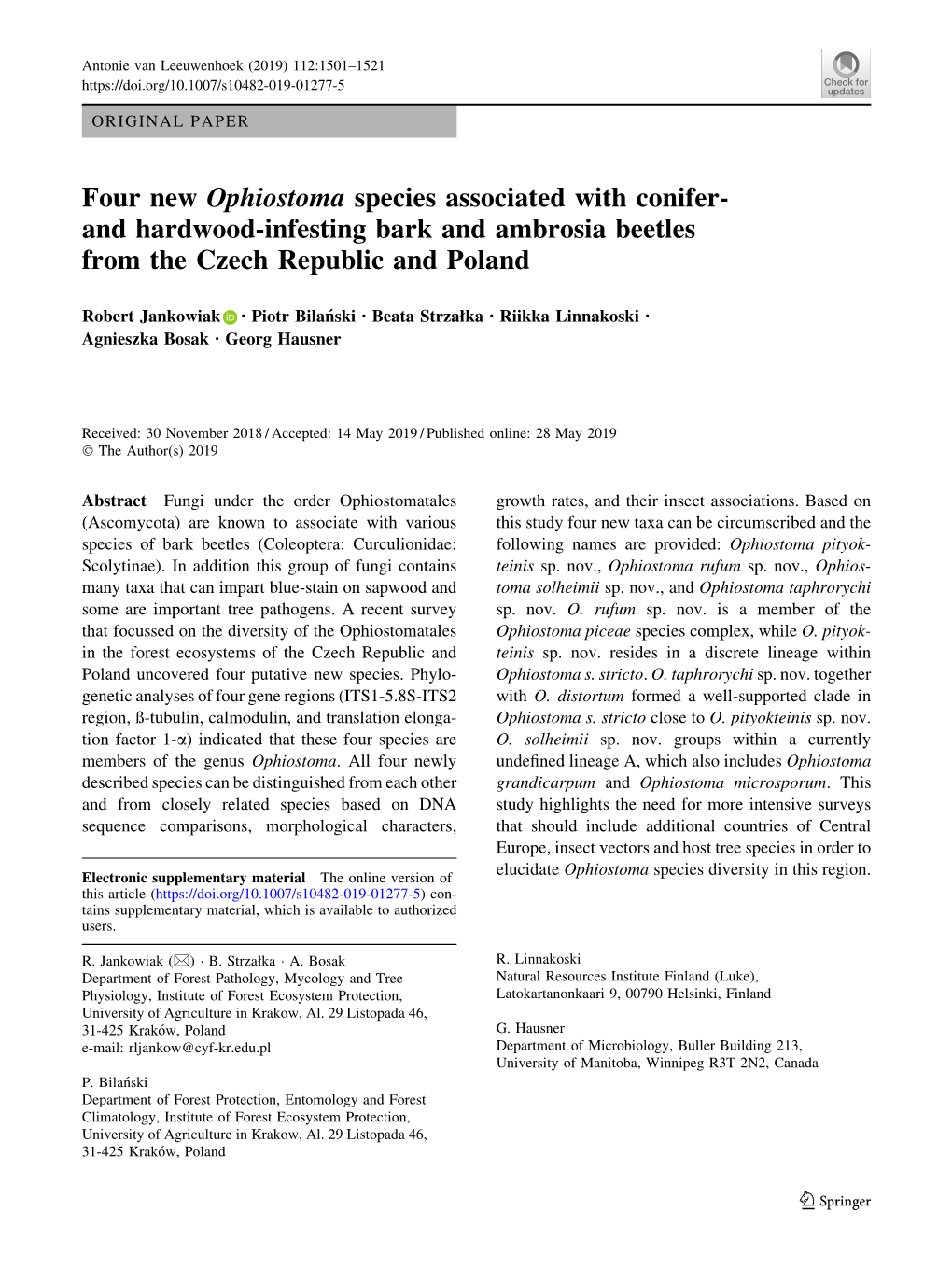 Four New Ophiostoma Species Associated with Conifer- and Hardwood-Infesting Bark and Ambrosia Beetles from the Czech Republic and Poland