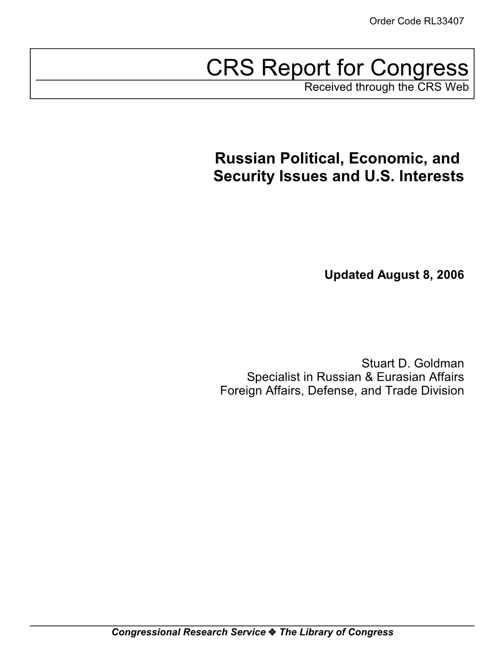 Russian Political, Economic, and Security Issues and U.S. Interests