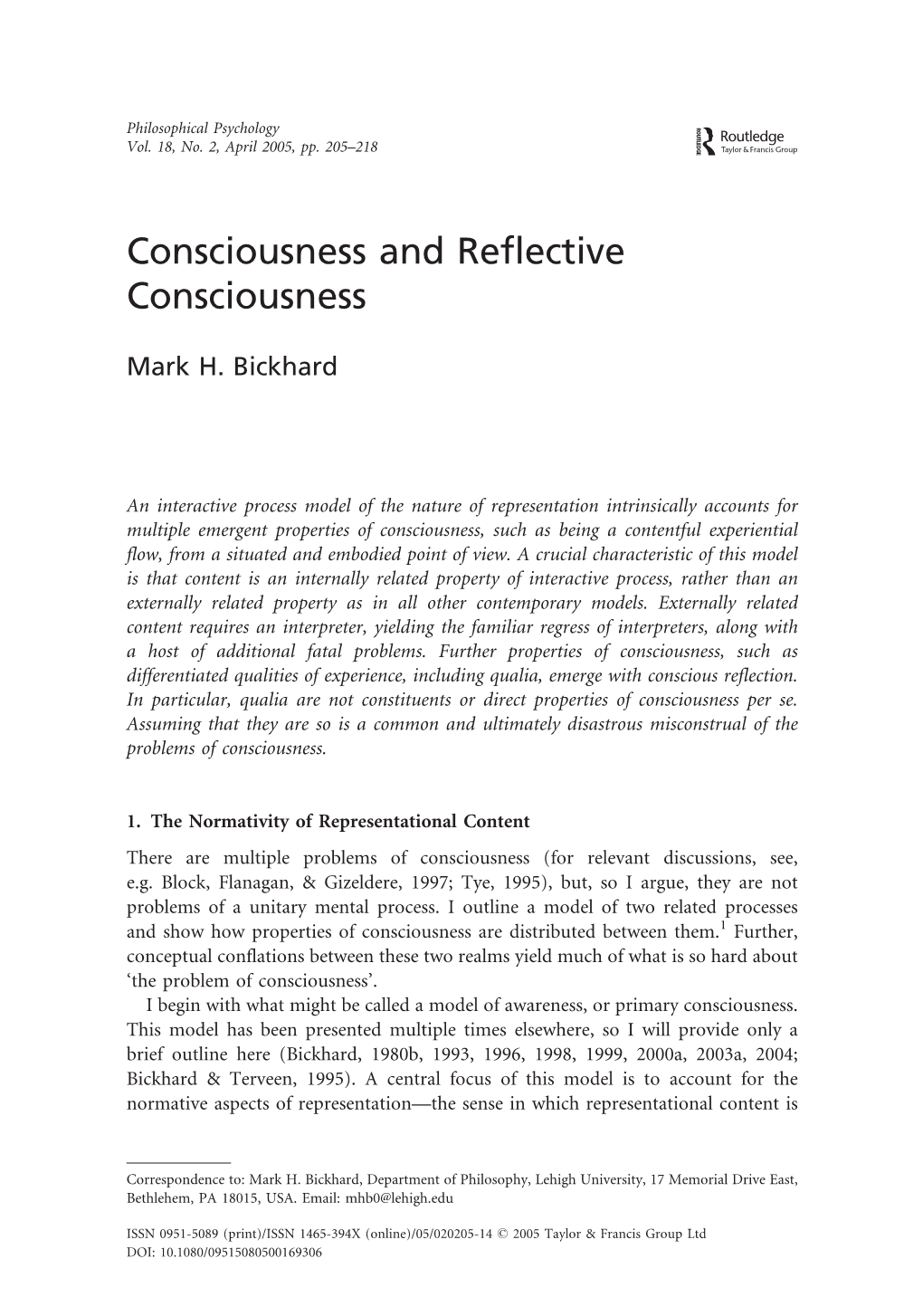 Consciousness and Reflective Consciousness