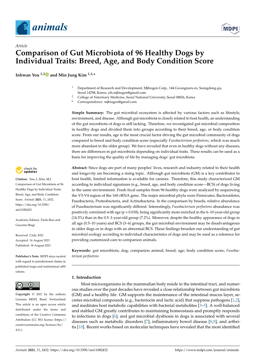 Comparison of Gut Microbiota of 96 Healthy Dogs by Individual Traits: Breed, Age, and Body Condition Score