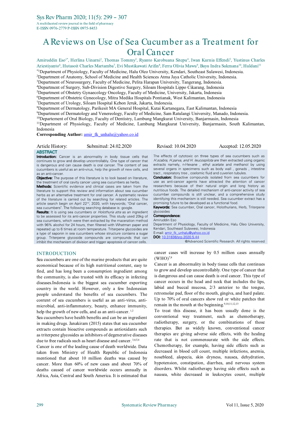 A Reviews on Use of Sea Cucumber As a Treatment for Oral Cancer