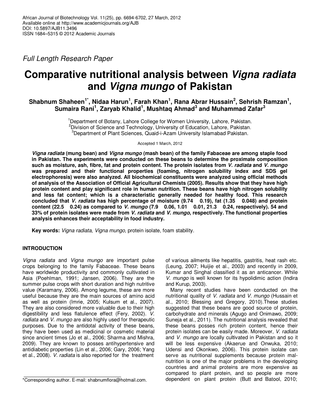 Comparative Nutritional Analysis Between Vigna Radiata and Vigna Mungo of Pakistan