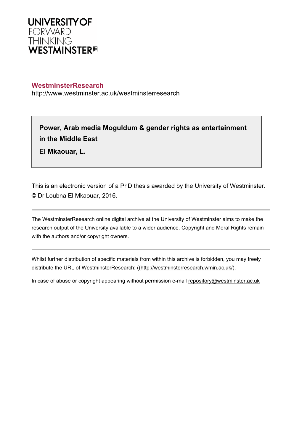 Westminsterresearch Power, Arab Media Moguldum & Gender Rights
