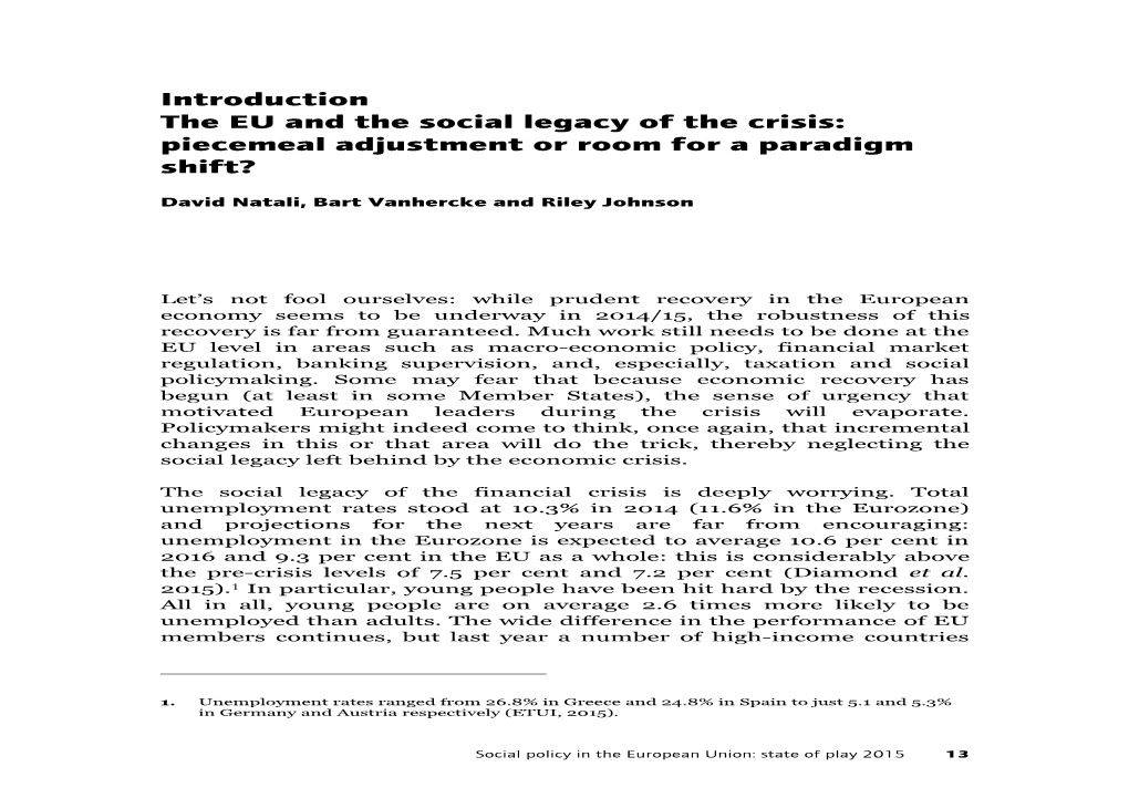 Introduction the EU and the Social Legacy of the Crisis: Piecemeal Adjustment Or Room for a Paradigm Shift?