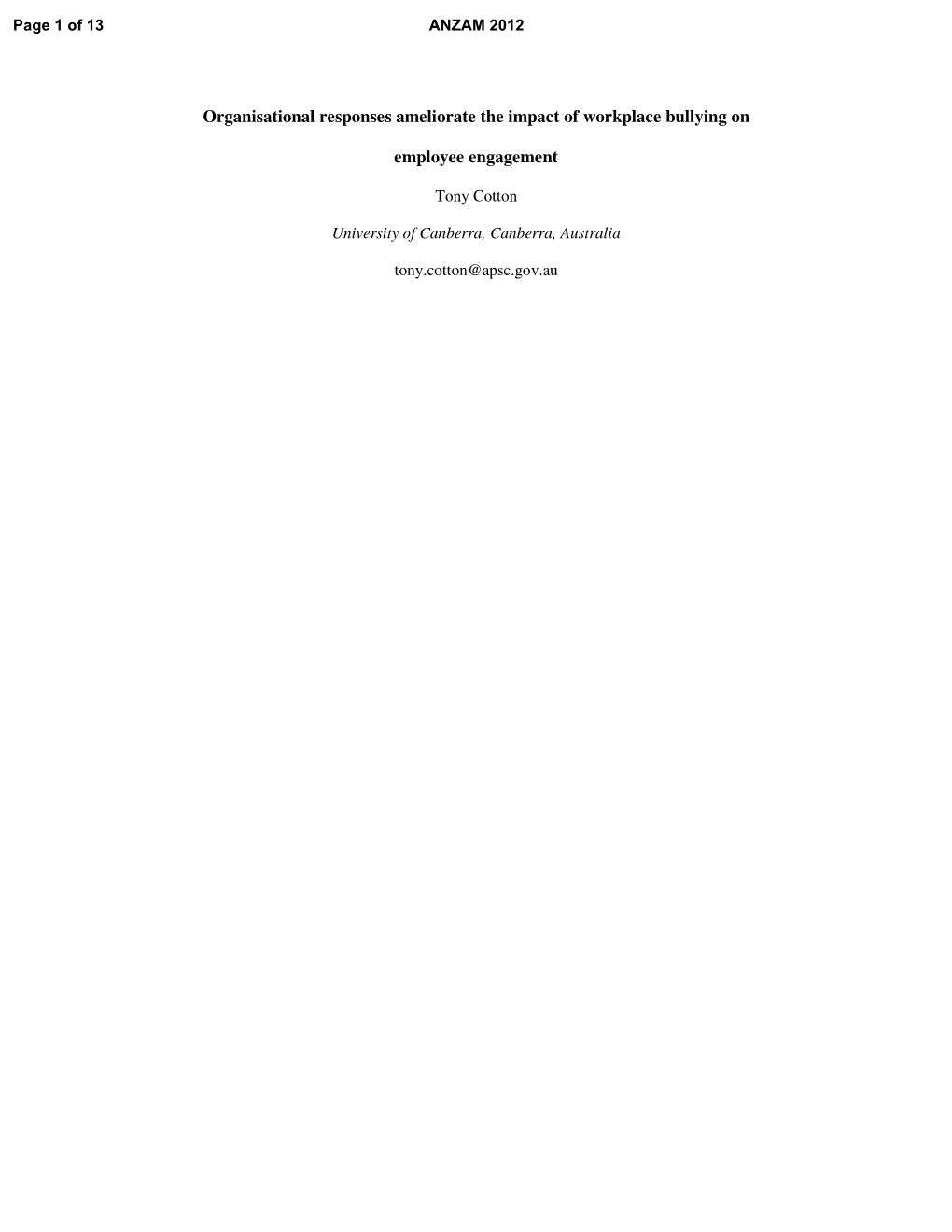 Organisational Responses Ameliorate the Impact of Workplace Bullying On