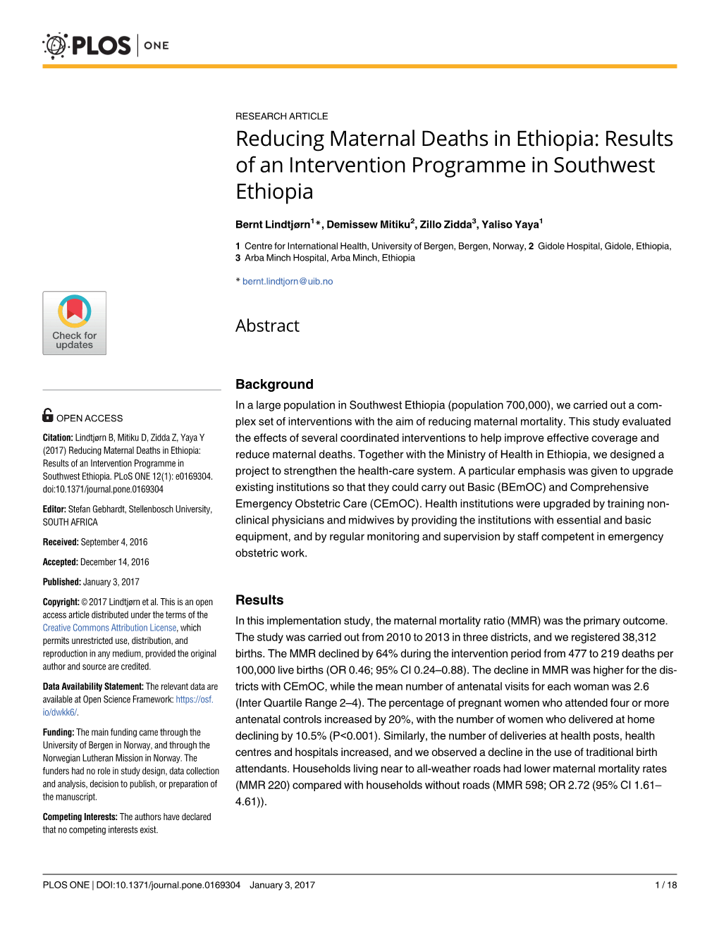 Reducing Maternal Deaths in Ethiopia: Results of an Intervention Programme in Southwest Ethiopia