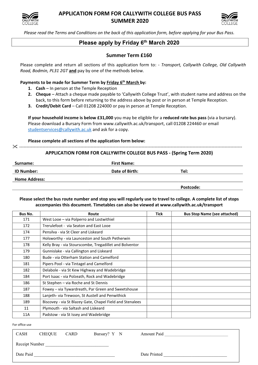 Application Form for Callywith College Bus Pass Summer 2020