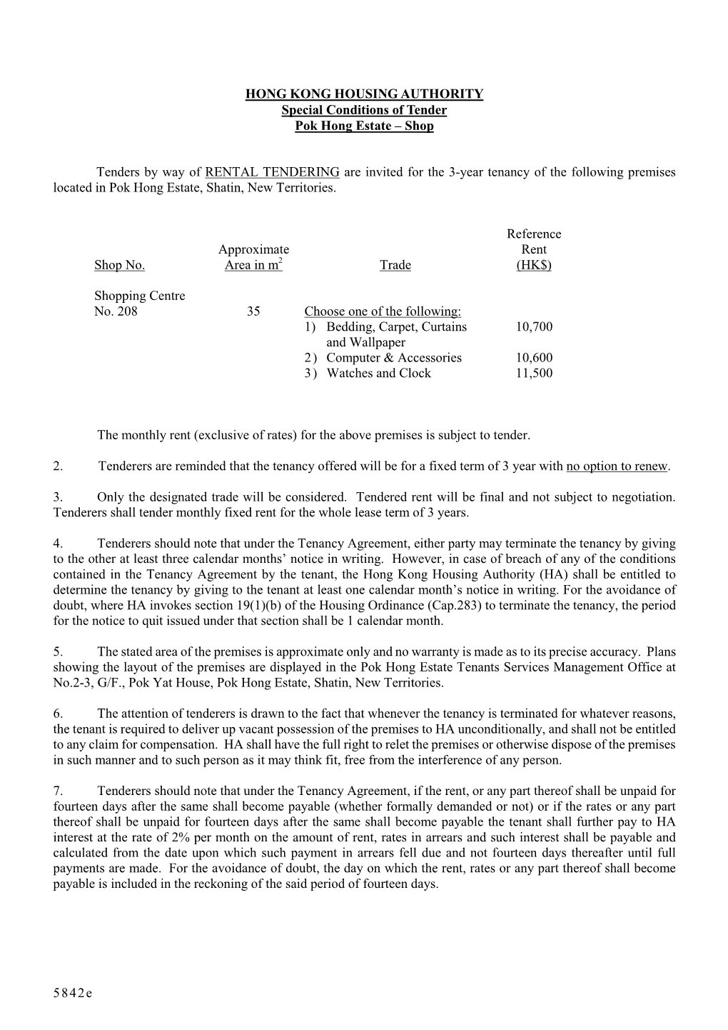 Special Conditions of Tender Pok Hong Estate – Shop