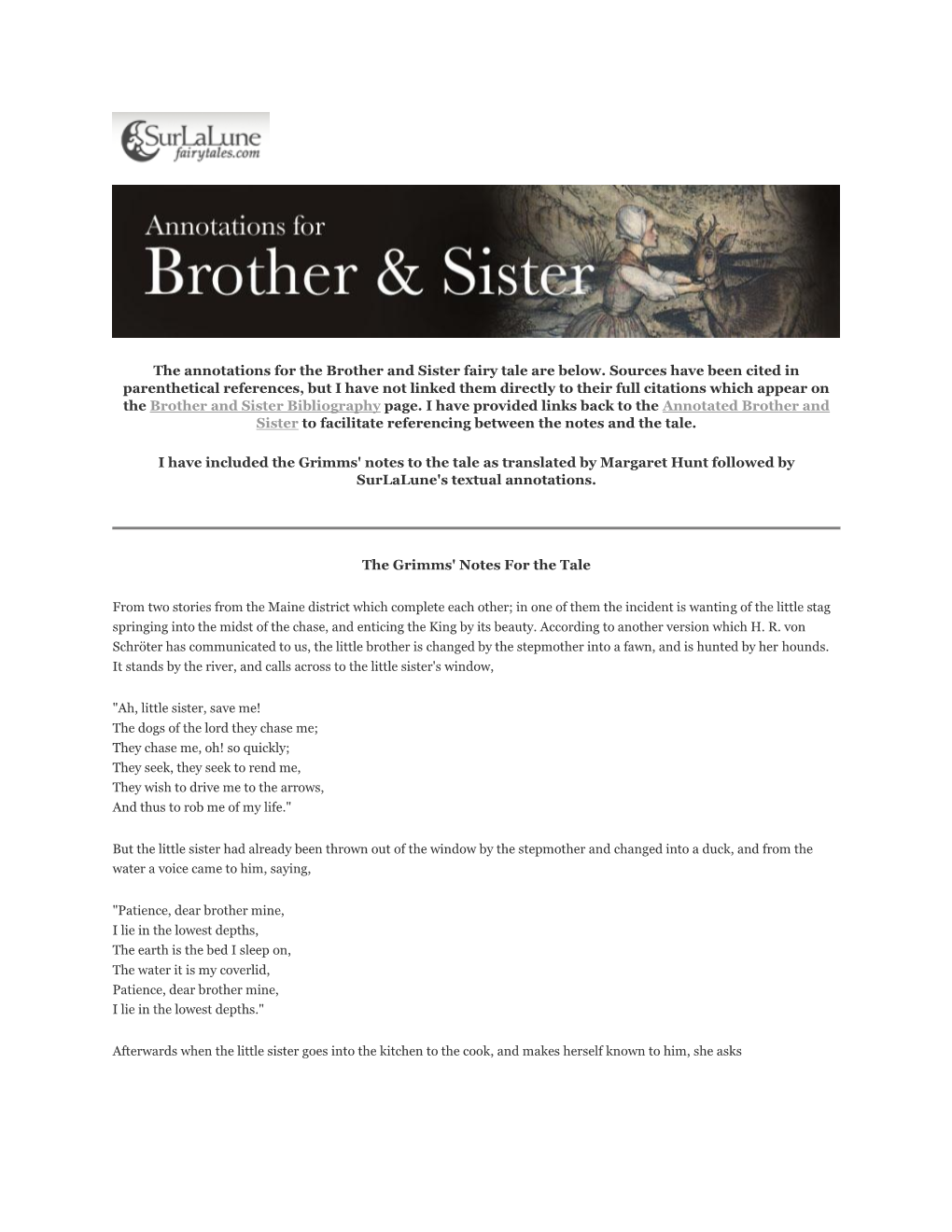 The Annotations for the Brother and Sister Fairy Tale Are Below. Sources