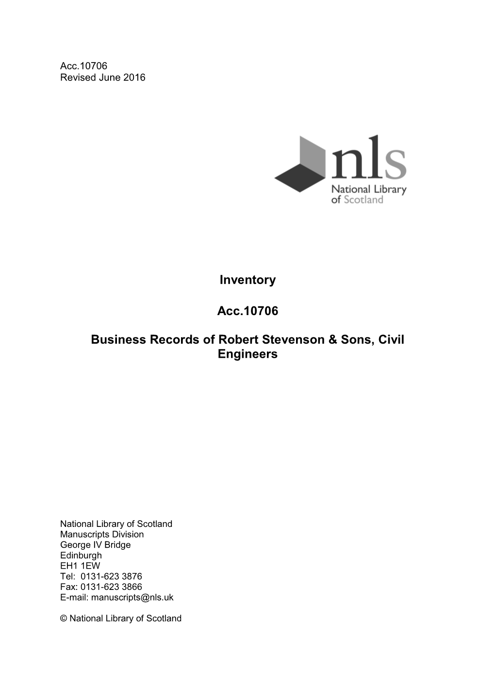 Inventory Acc.10706 Business Records of Robert Stevenson