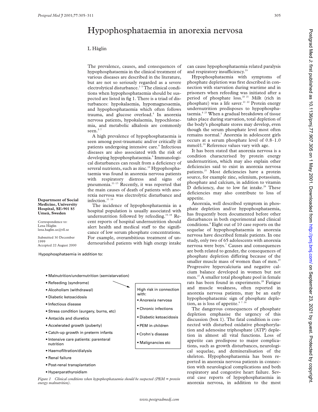 Hypophosphataemia in Anorexia Nervosa Postgrad Med J: First Published As 10.1136/Pmj.77.907.305 on 1 May 2001