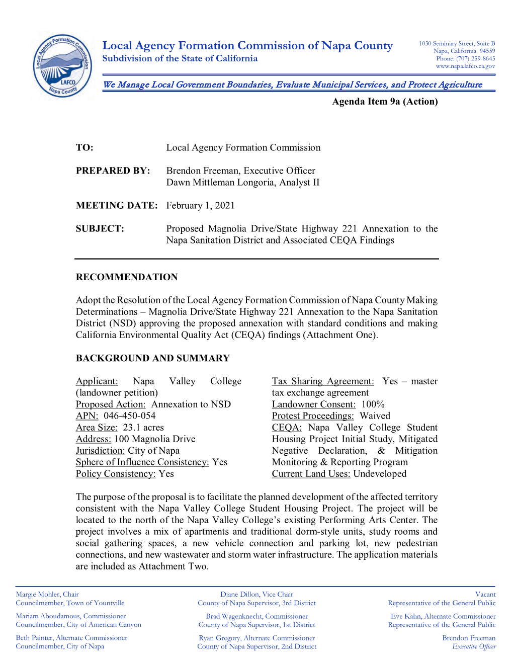 Magnolia Drive/State Highway 221 Annexation to the Napa Sanitation District and Associated CEQA Findings