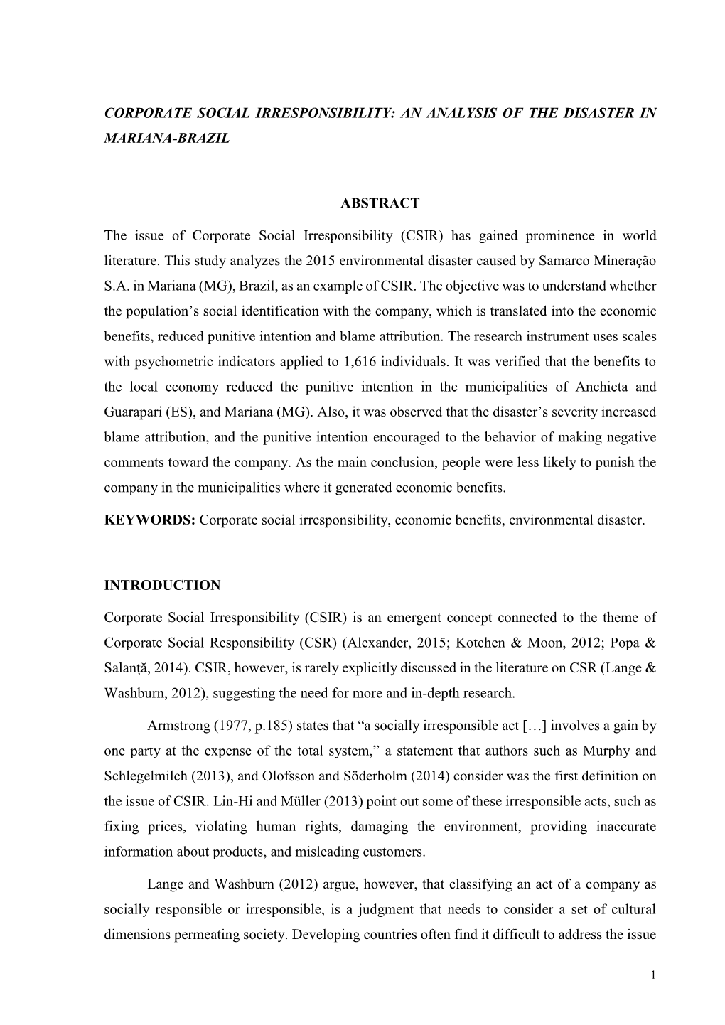 Corporate Social Irresponsibility: an Analysis of the Disaster in Mariana-Brazil