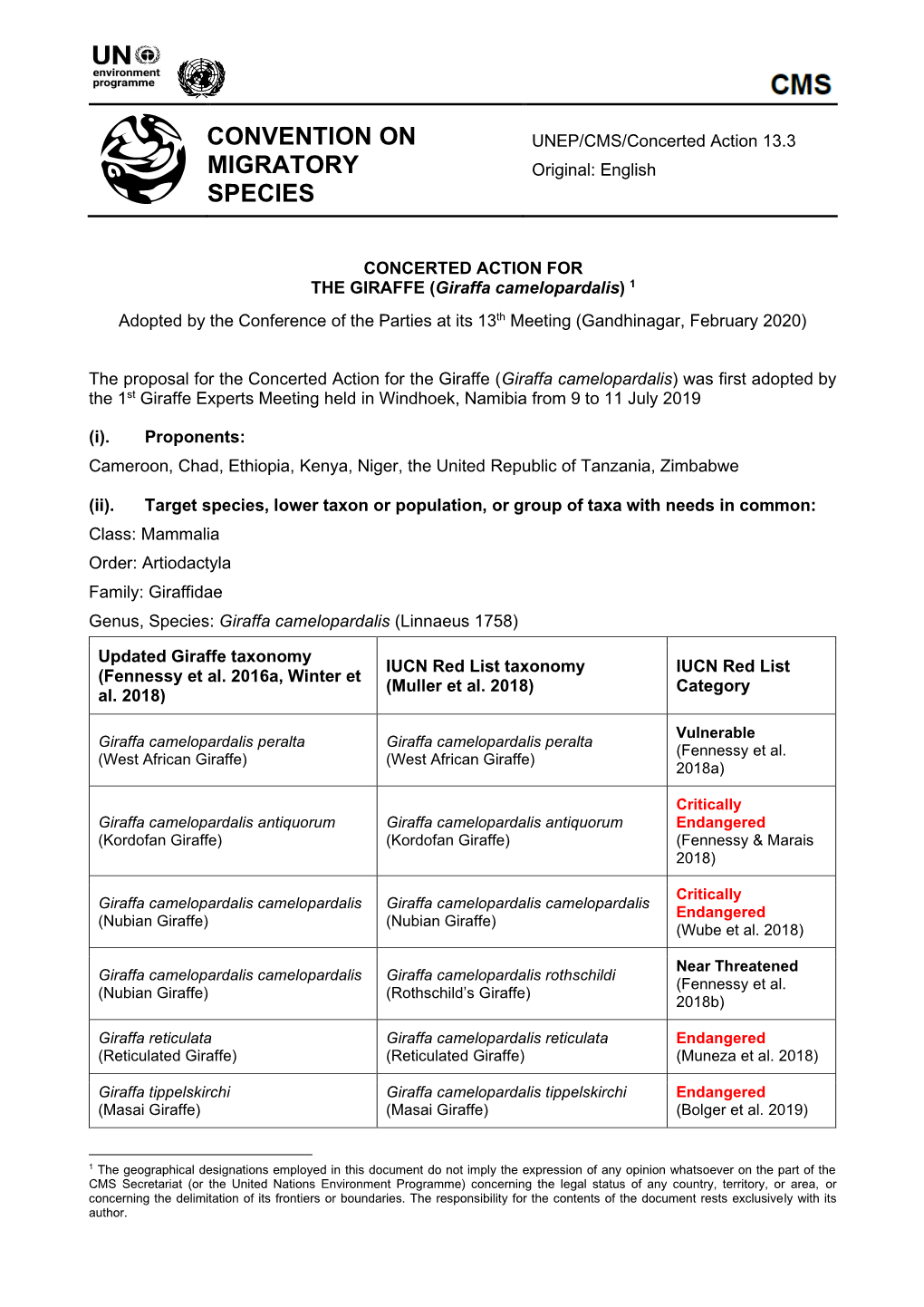 CONCERTED ACTION for the GIRAFFE (Giraffa Camelopardalis) 1 Adopted by the Conference of the Parties at Its 13Th Meeting (Gandhinagar, February 2020)