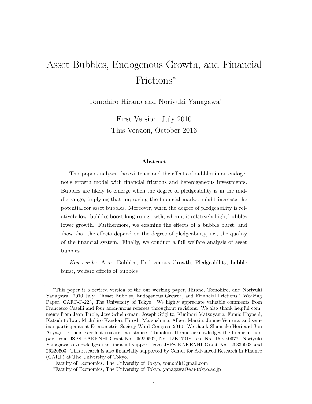 Asset Bubbles, Endogenous Growth, and Financial Frictions∗