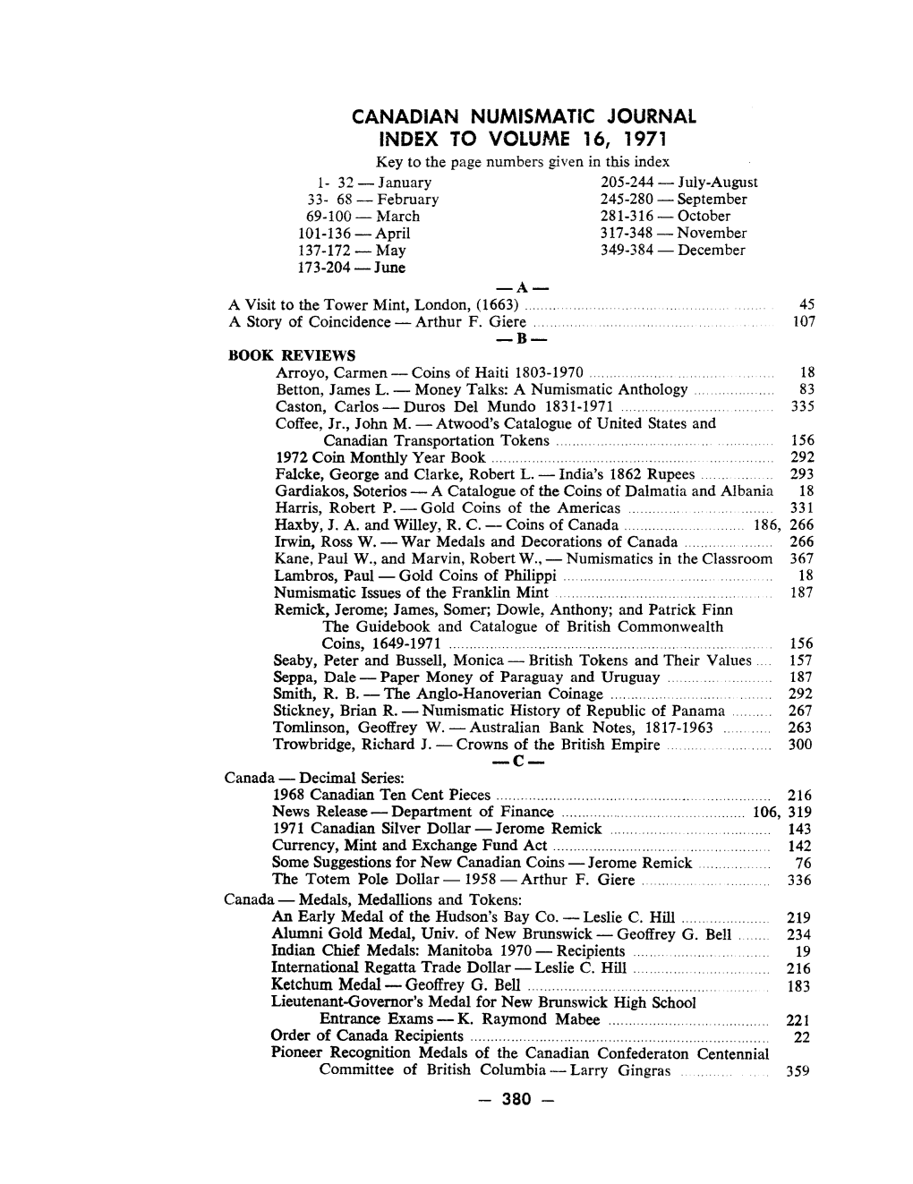 Canadian Numismatic Journal Index to Volume 16, 1971