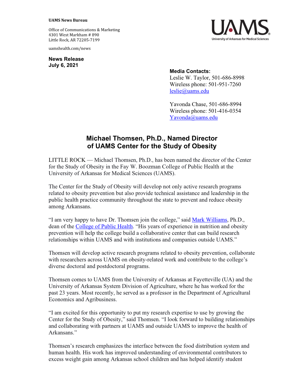 Michael Thomsen, Ph.D., Named Director of UAMS Center for the Study of Obesity