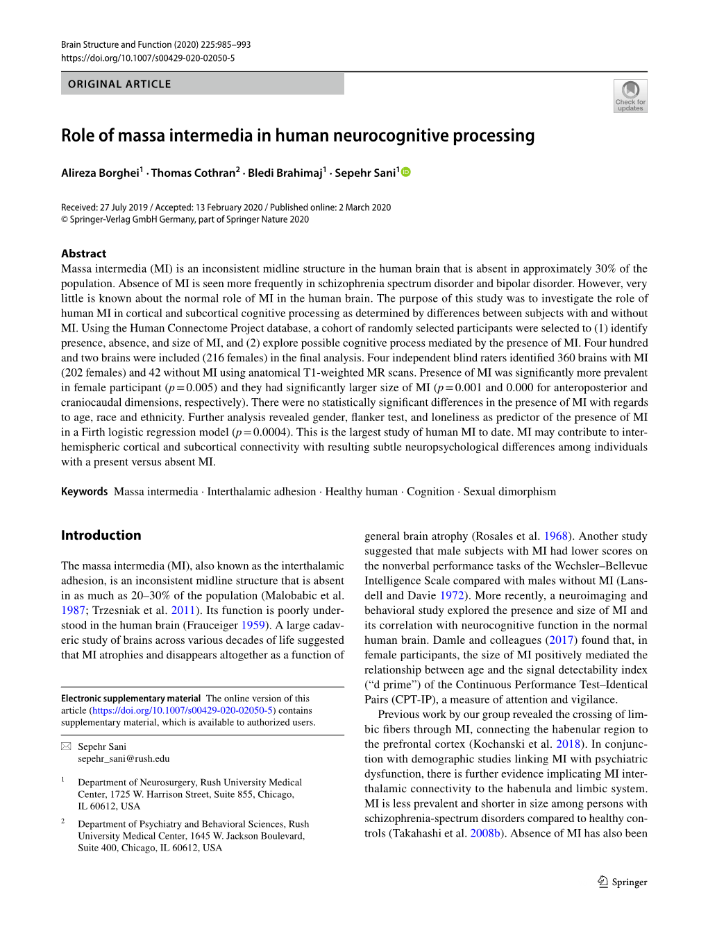 Role of Massa Intermedia in Human Neurocognitive Processing