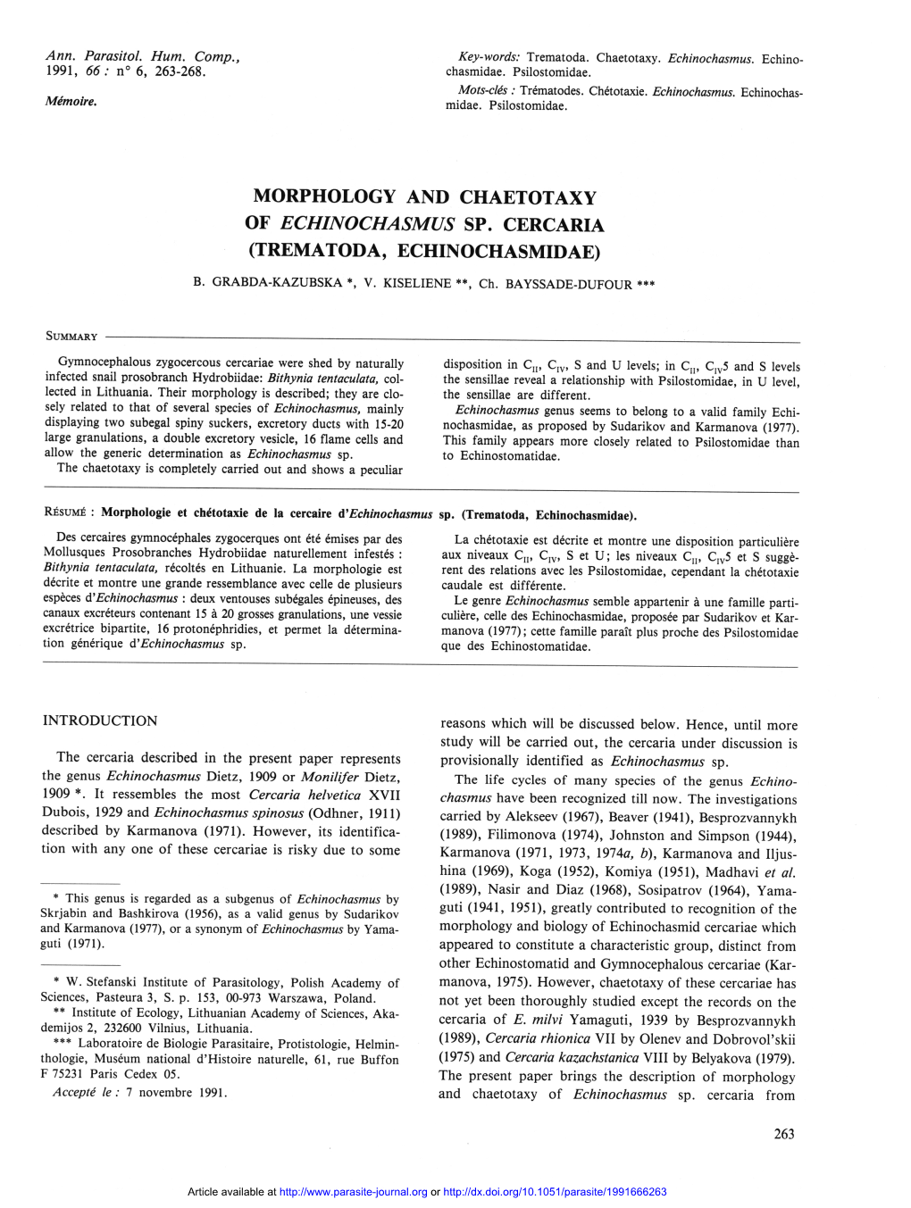 Morphology and Chaetotaxy of Echinochasmus Sp. Cercaria (Trematoda, Echinochasmidae) B