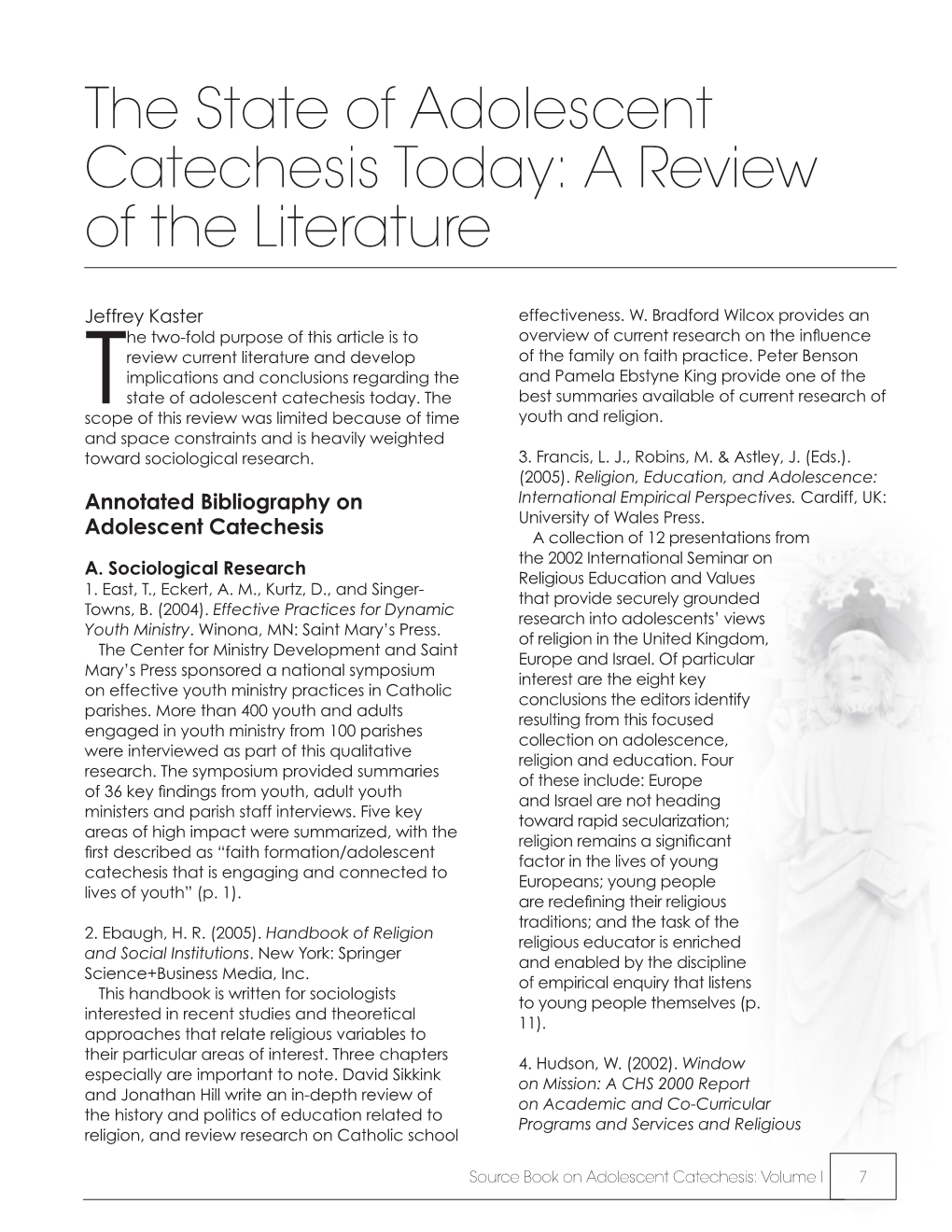 The State of Adolescent Catechesis Today: a Review of the Literature